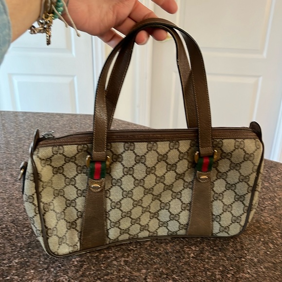 Gucci Handbags - GUCCI LADIES BROWN GG GREEN RED TOTE BAG-39-02-040-VINTAGE